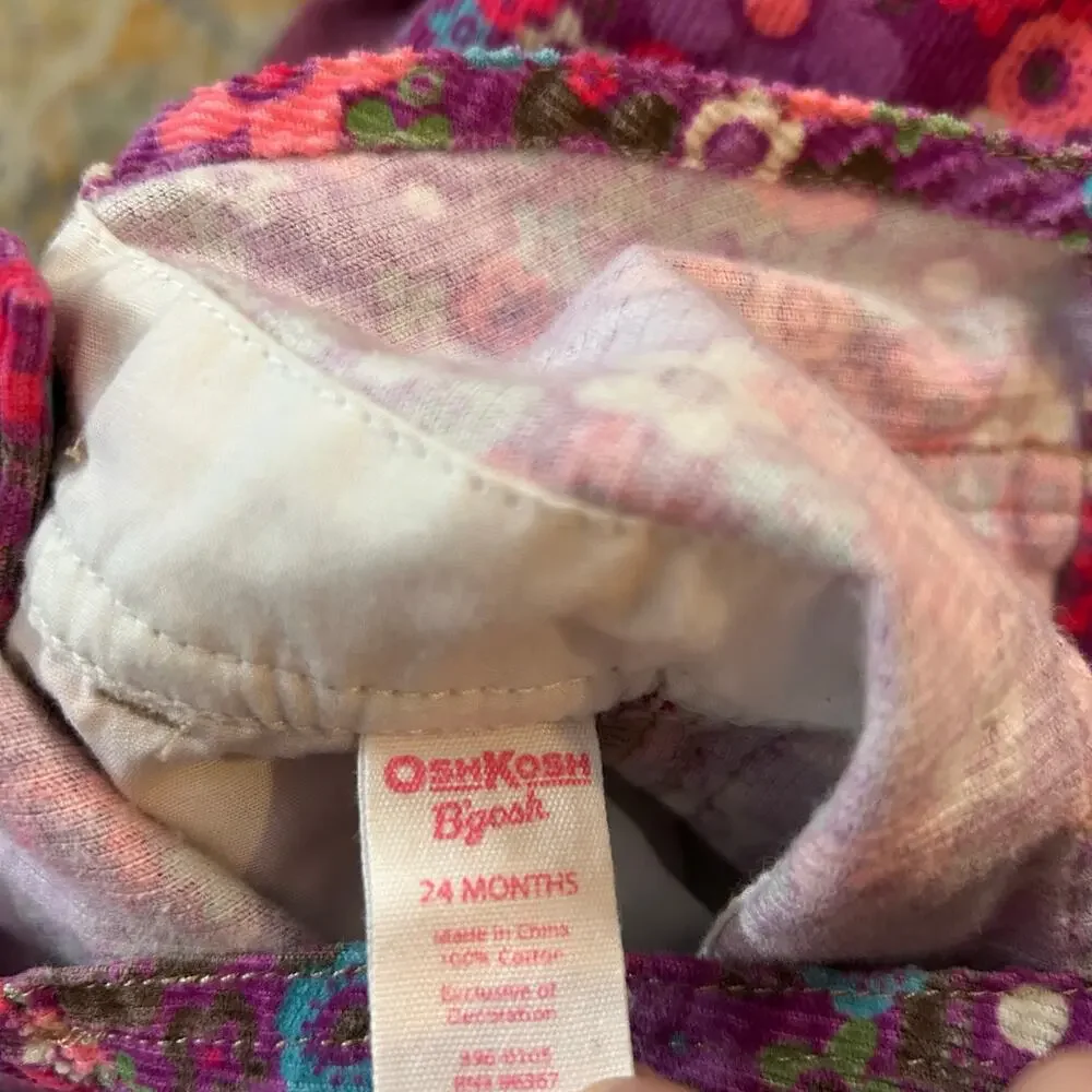 OshKosh B'gosh Vestbak Pink Purple Floral Corduroy Overalls 24 Months